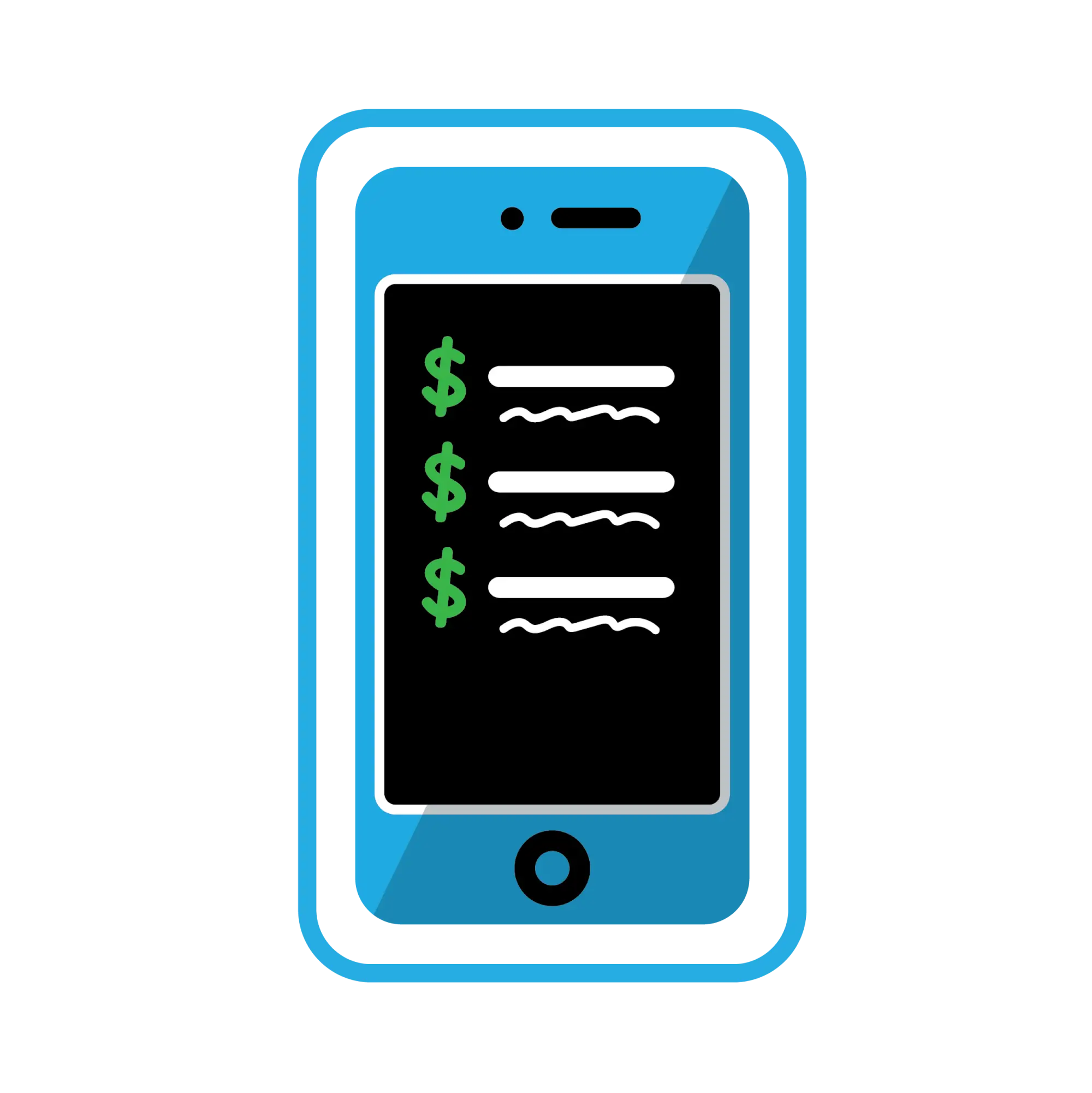 Blue cell phone with payment lines icon